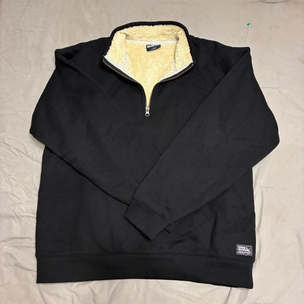 Eddie Bauer Mens Black Sherpa Lined Quarter Zip Pullover Sweatshirt Large